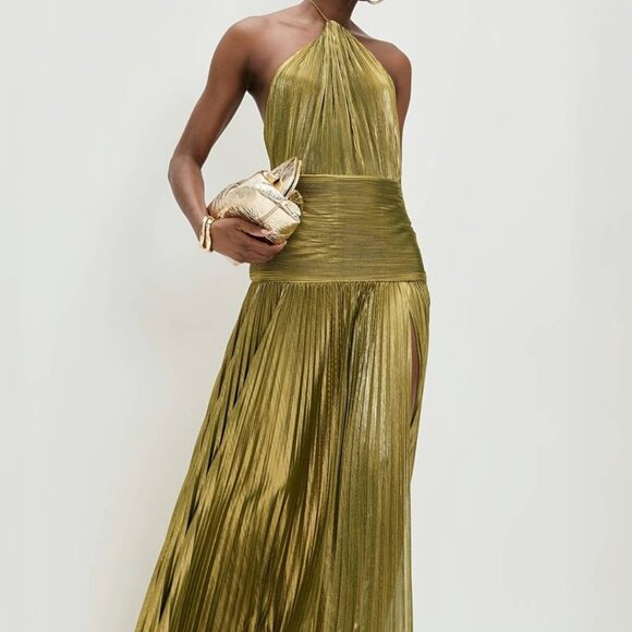 Dresses & Skirts - Pleated Maxi Gown | Glitter Green Halter Neck | Slit Maxi Dress
